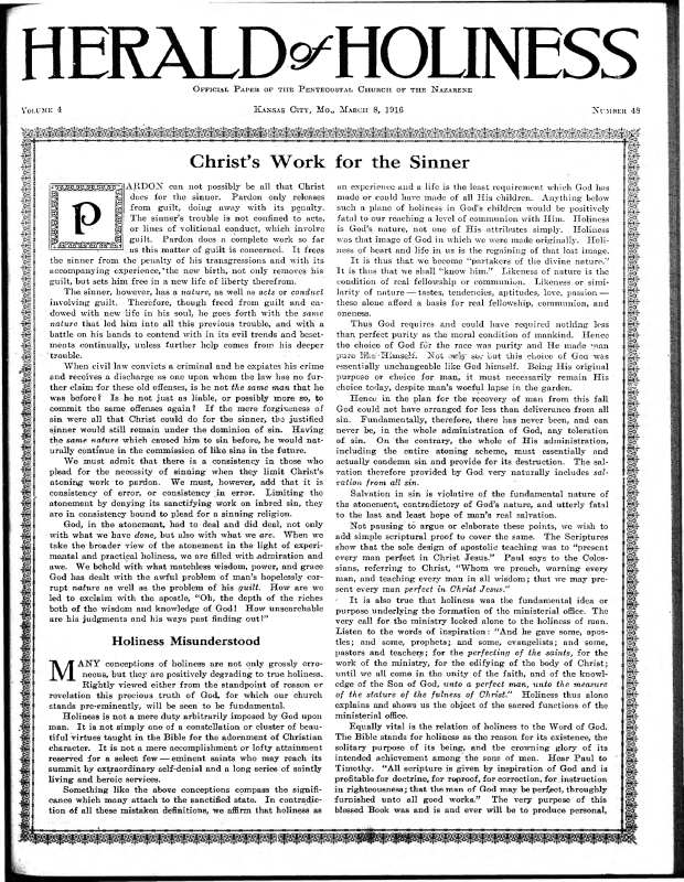 Title Page of Herald of Holiness - March 8, 1916